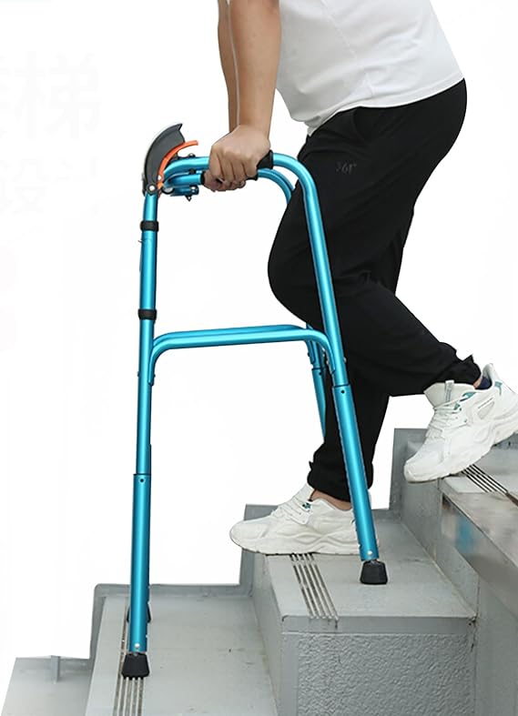 Climbing Stairs Folding Walking Frame, Height Adjustable Lightweight Walking Mobility Aid, Aluminium Upright Climbing Stairs Standard Walker for Elderly