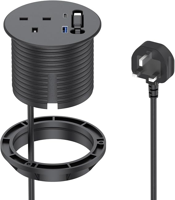Recessed Power Socket,BQO Desk Power Socketwith Retractable USB C, 2 USB Ports,80mm Recessed Power Strip PD 20W,Extension Lead Grommet Socket 2m Cable for Home, Office,Black