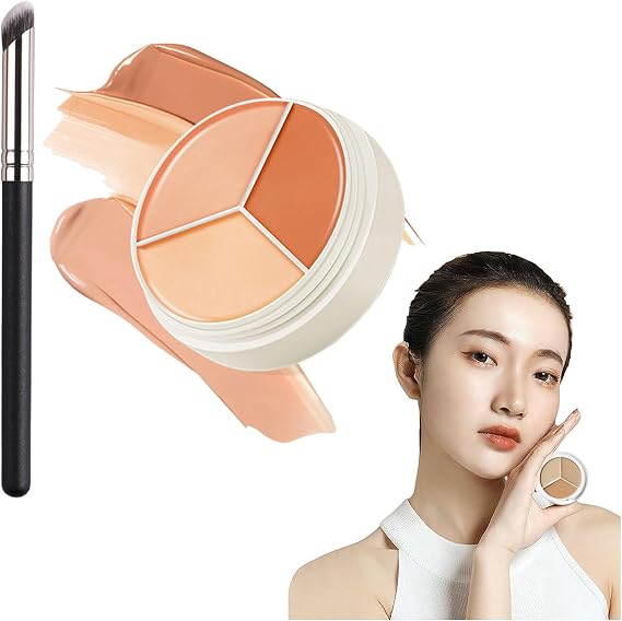 3-in-1 Contouring and Brighten Concealer Palette with 270 Concealer Brush, Artistic Tri-Color Concealer Palette of Covers Acne Marks Dark Circles, Full Coverage Waterpro of Sweatproof (1 Pcs)