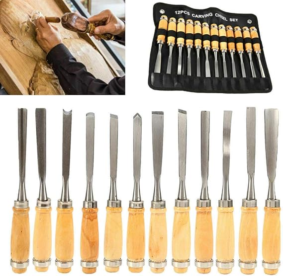 12 Piece Set Professional Wood Carving Sharp Hand Chisel DIY Tools 8 inch,Woodworking Gouges for Beginners, Hobbyists and Professionals, with Black Case