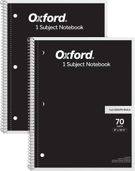 Oxford Spiral Notebook 2 Pack, 1 Subject School Pads, 3-Hole Punch, 5 x 5 Inch Graph Paper, 8-1/2 x 10-1/2 Inches, Black Covers, 70 Perforated Sheets (65214)