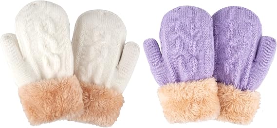 FENELY 2 Pairs Kids Winter Knit Gloves Boys Girls Warm Thermal Cable Knitted Gloves 2-6-10-14 Year Wool Fleece Lined Mittens