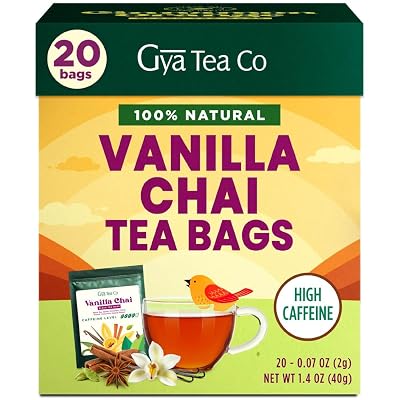 Gya Tea Co Vanilla Chai Tea Bags 20 Bags - Caffeinated with a Smooth Flavor for Workday - Recharge Yourself with Every Sip - Fruit & Herbal Blends