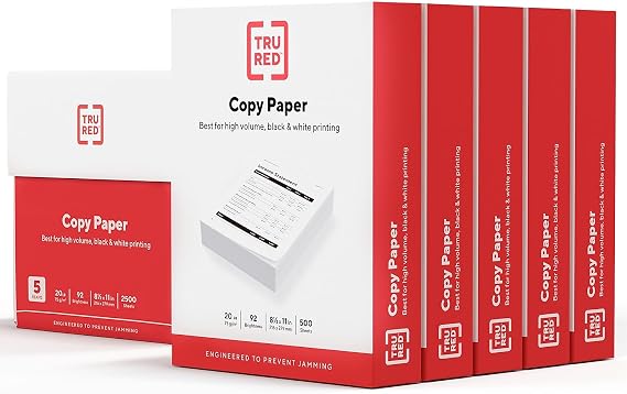 TRU RED Copy Paper, 8.5x11 Inch, 92 Brightness, 20 lb., 500 Sheets/Ream | Matte finish white paper for everyday printing, copying, and office documents.
