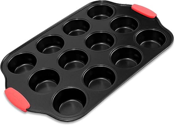 MallArt® 12 Bölmeli Muffin ve Cupcake Kalıbı - Yapışmaz Karbon Çelik Fırın Kabı, Isıya Dayanıklı Kırmızı Silikon Saplı, BPA İçermeyen Sağlıklı Pişirme Kalıbı