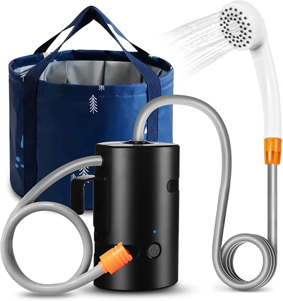 Portable Camping Shower, Built-in 4400mAh, USB Rechargeable IPX7 Waterproof Battery Shower Pump+Collapsible Bucket for Family Camp Hiking Backpacking