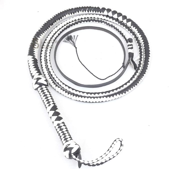 Genuine & Real Cow Hide Leather Bullwhip 12 Plait 10 Foot Bull Whip Black & White Equestrian