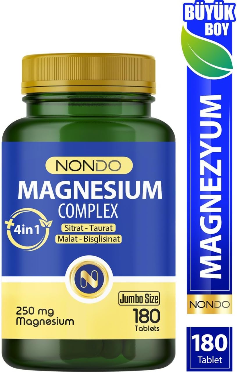 Nondo Magnezyum Kompleks 180 Tablet 250 mg 4 Form, Sitrat, Taurat, Malat, Bisglisinat, B6 Vitamini