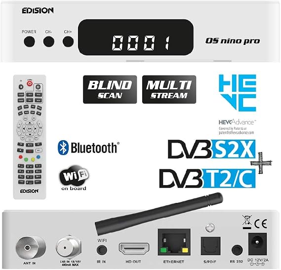 EDISION OS NINO PRO S2X + T2/C White, E2 Linux Full HD Combo receiver, H265 HEVC, MULTI STREAM, BLIND SCAN, WiFi on board, Bluetooth, White color