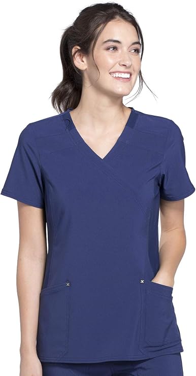 Cherokee Women Mock Wrap Contemporary Fit Scrubs Top with Stretchy Knit Panel CK680