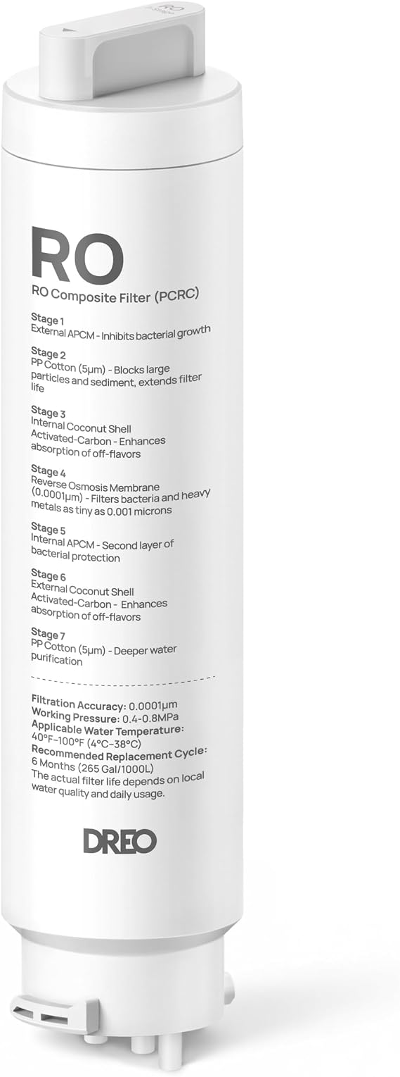 DREO 7-in-1 Reverse Osmosis Water Filter, Compatible with DREO RO Water Filter 112 & 113 & 114 & 115, Removes 99.99% of Contaminants including PFOA, PFOS, Chlorine, Last 265 gallons, SGS Tested