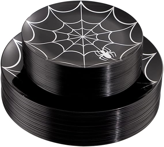 NOCCUR 60PCS Halloween Plastic Plates - 30 Black Dinner/Dessert Plates - Ideal for Halloween Party