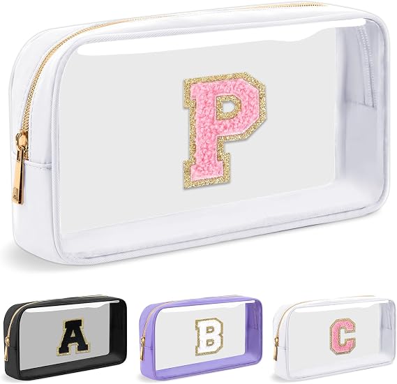 UIXIZQ Personalized Initial Letter Clear Makeup Bag,Preppy Small Nylon&PVC Cosmetic Zipper Bag with Chenille Letter,Travel Skincare Toiletry Bag,Monogram Christmas Gift for Teen Girls Women,P