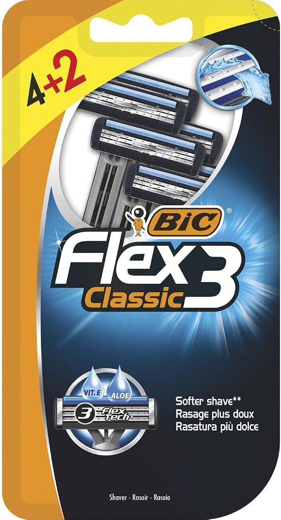 BIC Flex 3 Erkek Tıraş Bıçağı 6'lı Blister (3 Bıçak), Birbirinden Bağımsız Hareket Edebilen 3 Bıçak, Oynar Başlık, Aloe Vera ile Zenginleştirilmiş Kayganlaştırıcı Jel Şerit