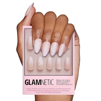 Glamnetic Press On Nails - Snowdrift | Opaque Gradient Ombre & Snowflake Graphic Short Almond Fake Nails in a Matte Finish, Salon Quality | 15 Sizes - 30 Nail Kit