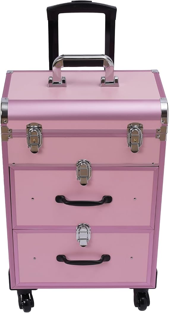 Large Makeup Trolley With Lock Makeup Bag With Separation, Makeup Storage Box, Professional Rolling Makeup Train Box Makeup Storage Box (Pink)