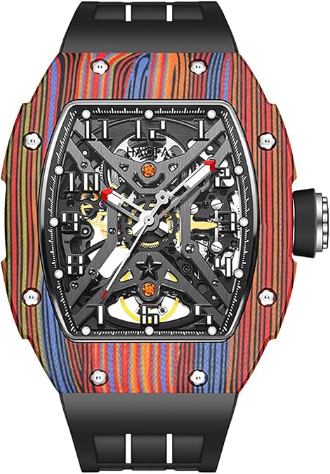 Haofa Carbon Fiber Mechanical Watches for Hollow Automatic Movement Colorful Waterproof Luminous Men Watch Casual 1975