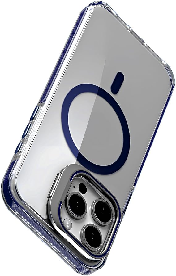 Minesk iphone 15 Pro Max için Magsafe ile Uyumlu Luxo Serisi Yüksek Kalite Kılıf Ultra Şeffaf Görünüm Ve Standlı Ergonomik Tasarım (Mavi, 15 Pro Max)