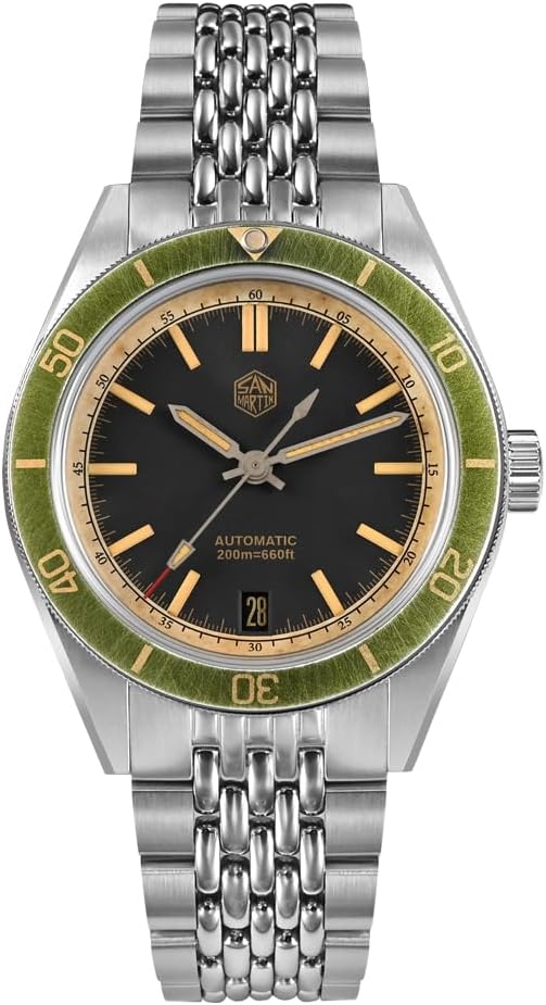 San Martin 39.5mm Men Dive Watch Vintage Distressed Effect NH35 Automatic Mechanical Watch Waterproof 200m C3 Lume SN0116 Reloj (Green Bezel)