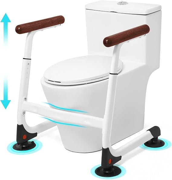 Toilet Safety Rails, Stable Toilet Handles for Elderly and Disabled with 4 Suction Cups, Adjustable Height Toilet Rails for Seniors with, Toilet Assist Rails Handrails Up to 350 LBS, Brown Color