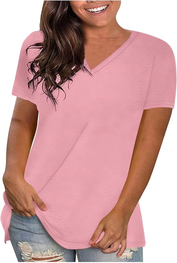 Plus Size Tops for Women Trendy Short Sleeve Loose V-Neck Oversized Basic Blouse Vintage Shirts Casual Summer Clothes