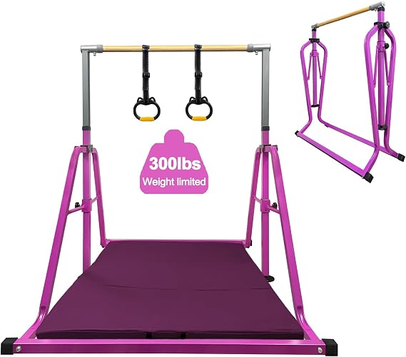 Foldable & Movable Gymnastics Kip Bar,Horizontal Bar for Kids Girls Junior,No Wobble Gym Equipment for Home Indoor,3' to 5' Adjustable Height,Gymnasts 1-4 Levels,300 lbs Weight Capacity...