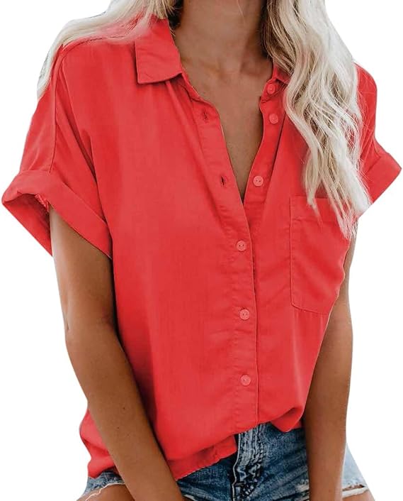 Summer Womens Tops Casual Short Sleeve Turndown Collar Button Down Shirts Solid Color Loose Comfy T-Shirt Blouses