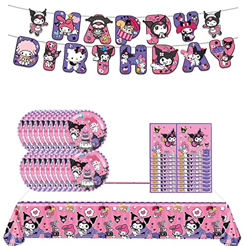 Kuromi Birthday Supplies-41pcs Kawaii Party Tableware - Include Banner, Plates, Napkins, Tablecloth for BoysGirls Birthday Party Decorations
