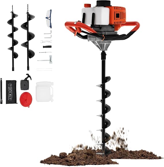 Post Hole Digger, 52cc 1460W Gas Powered Auger Post Hole Digger with 3 Earth Auger Drill Bit 4" 6" 8" & Extension Rod Kit for Farmland, Garden and Plant