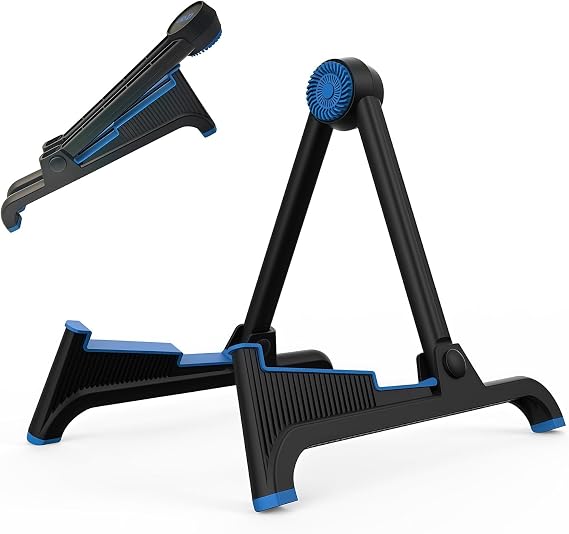 nalu Classic A-Frame Tripod Adjustable Guitar Stand for Acoustic Bass Electric Guitars and Ukuleles Folding Floor Stand Small Good for Traveling (BlueRubber+BlackFrame)