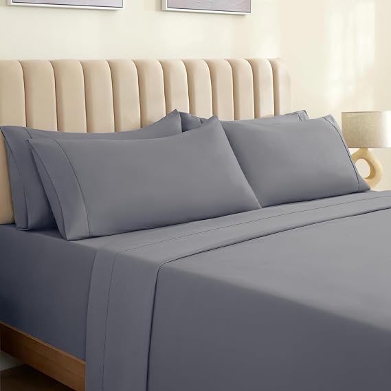 LuxClub 6 PC Full Size Sheet Set Bed Sheets Deep Pockets 18" Eco Friendly Wrinkle Free Cooling Sheets Machine Washable Hotel Bedding Silky Soft - Light Grey Full