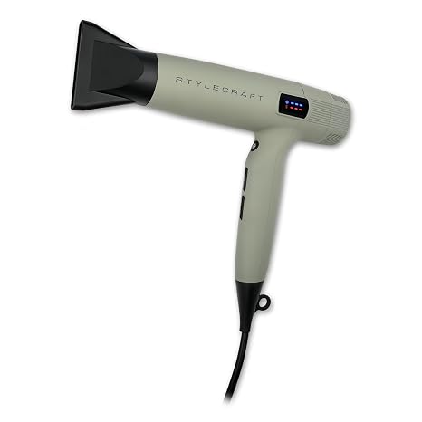 StyleCraft Professional Hair Dryer Instinct-X with Brushless Motor & Digital Display, Sage Lightweight Blow Dryer, JetLiner x Silver Bullet with Digital Motor Includes Nozzles & Diffuser