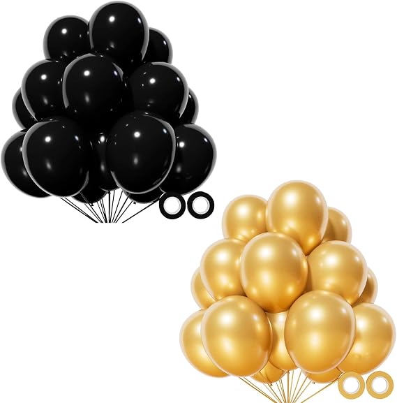 110pcs Black Balloon 12 inch, Black Latex Balloons and 110pcs Metallic Gold Balloons, Metallic Gold Latex Balloons 12 inch, Gold Balloon for Birthday Party Baby Shower Wedding(with 2 Ribbons).