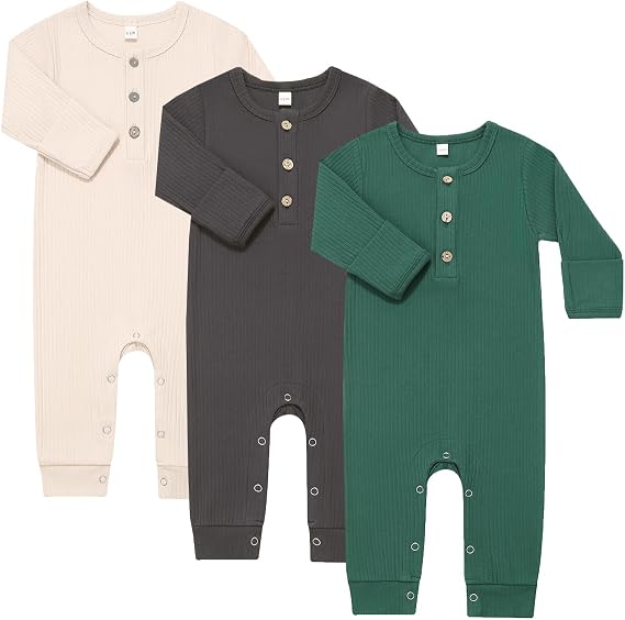 Bafeicao Baby Boy Girl 3 Pack Solid Romper with Mitten Cuffs 0-18M