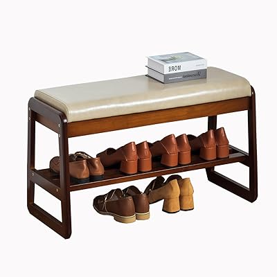 latifolia Solid Wood Bench, Entryway Shoe Bench with Cushion, 2 Tier Shoe Storage Organizer for Hallway, Living RoomGrey,31.50L