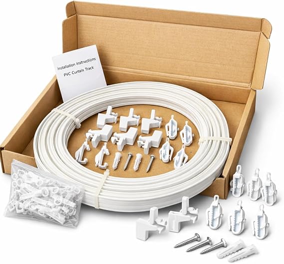 17 FT (5M) White Plastic Curtain Track Glider Rail For Straight And Bay Windows (18 Brackets, 6 Ends, 48 Gliders, 18 Screws)