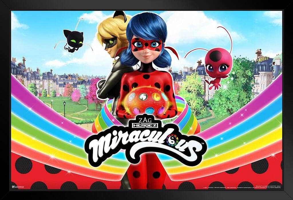 Miraculous Ladybug and Cat Noir Miraculouses Cartoon TV Series Movie Miraculous Ladybug Merchandise Miraculouses Miraculous Ladybug Poster Girls Bedroom Decor Black Wood Framed Wall Art 14x20