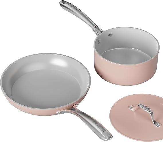 CIARRA Non Stick Frying Pan (10.2") & Ceramic Sauce Pan (3qt) - Non Toxic, PTFE & PFOA Free - Oven Safe & Compatible with All Stovetops, Pink