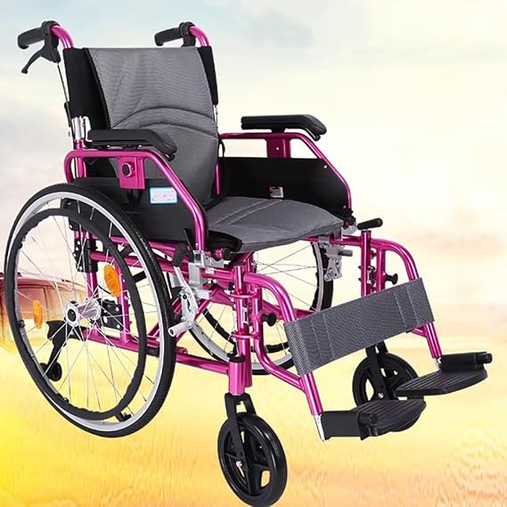 Lightweight Aluminum Alloy Wheelchair, Foldable Transport Wheelchair, Portable Self-Propelled Wheelchair, Ultralight Adult Wheelchair for Elderly Disabled People,Pink