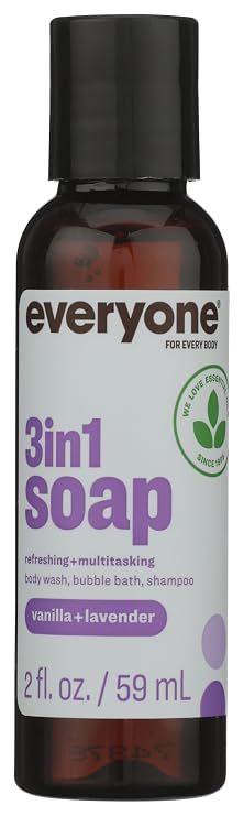 Everyone 3-in-1 Soap Body Wash, Bubble Bath, Shampoo, Travel Size, 2 Ounce (Pack of 1), Vanilla and Lavender, made with Essential Oils for Men and Women