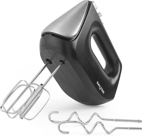 Salter 400W Hand Mixer Electric Handheld Baking Whisk with 5 Speeds & Turbo Function, Eject to Change Stainless Steel Attachments, Dishwasher Safe Mixing Beaters & Dough Hooks, Cakes, Matte Black