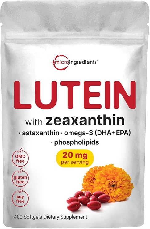 Lutein & Zeaxanthin 20mg Softgels, 400 Count, with Astaxanthin, Omega-3s, Phospholipids | Eye + Vision Health Vitamins | Third Party Tested,