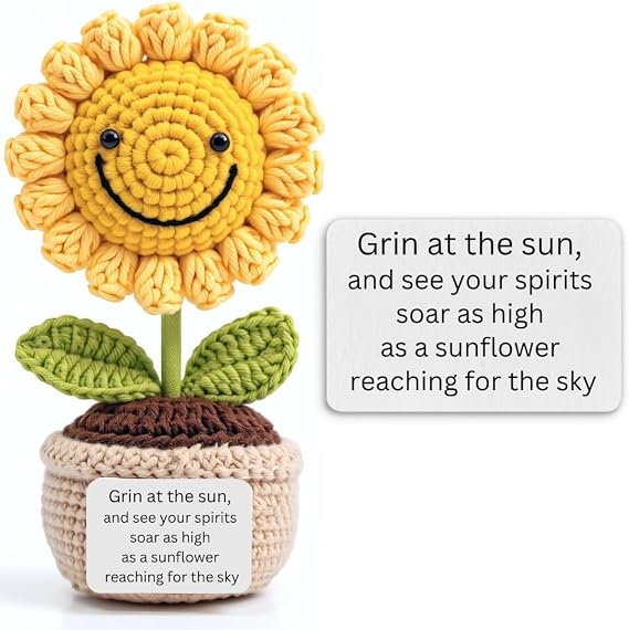 POIVOCF Handmade Crochet Sunflower with Smile Positive Emotional Support Gift for Women, Mom, Friends Uplifting Desk Decor Birthday, Thank You, Graduation