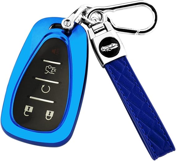 XIYANG TRADE for Chevy Key Fob Cover With Keychain,Soft TPU Full Protector Key Shell Case for Chevy Malibu Camaro Equinox BlazerTraverse Cruze Sonic Volt Spark Bolt Trax 3 4 5 Button Holder-Blue