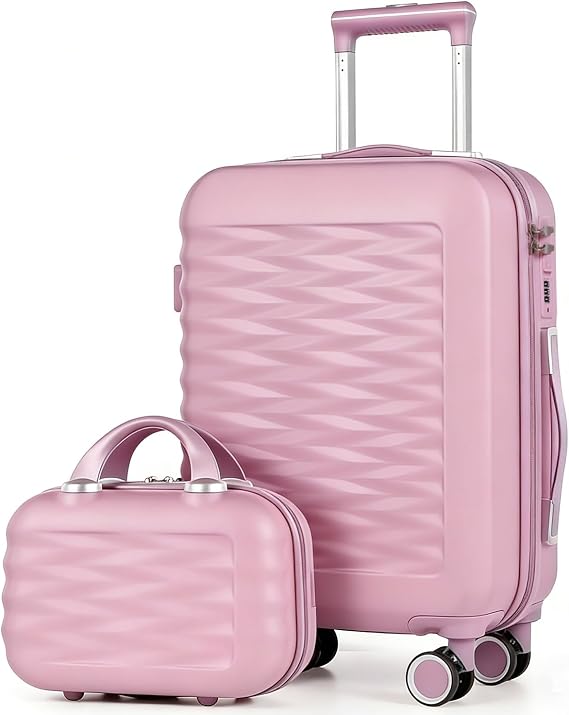 Suitcase Sets of 2 Piece Small Carry On Luggage 20 Inch Cabin Case with Beauty Case Lightweight ABS+PC Hard Shell Travel Suitcase with Spinner Wheels, Pink