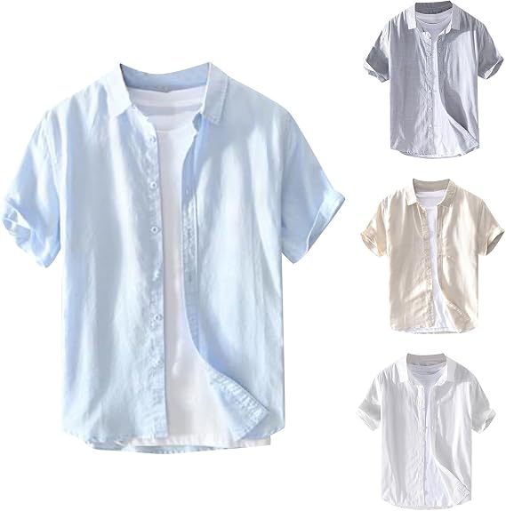 Mens Linen Shirts Short Sleeve Casual Shirts Lightweight Lightweight Button Down Vacation Beach Summer Tops with Pocket Linen Short Sleeve Button Down Casual Summer Beach