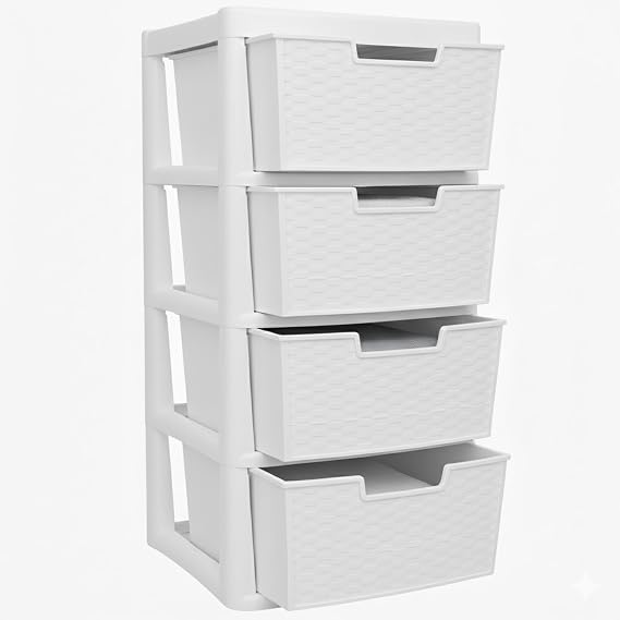 Large Plastic Rattan Drawer Storage Unit for Home Bedroom Bathroom Kitchen Organiser Stackable Drawers Durable Storage Solution Space Saver and Easy Access Storage - (Rattan White, 4 Tier)