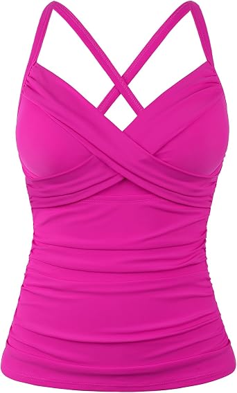 Mycoco Women's Underwire Tankini Top Cross Front V Neck Push Up Swim Top Ruched Tummy Control Bathing Suit Tops