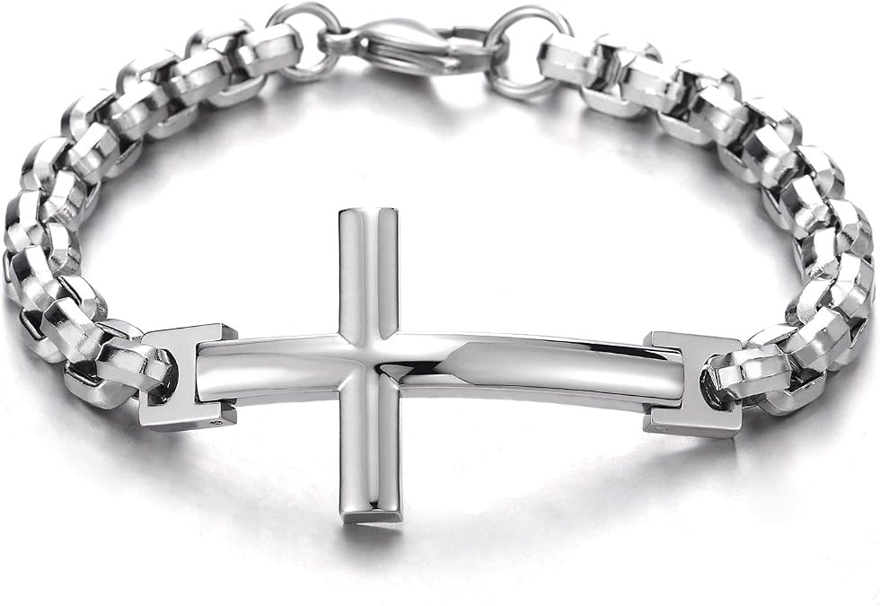 COOLSTEELANDBEYOND Mens Womens Stainless Steel Horizontal Sideway Lateral Cross Link Chain Bangle Bracelet, Polished