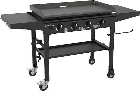 Blackstone 36 Inch 4 Burner 60,000 BTU Portable Steel Griddle Cooking Station with Foldable Legs, Grease Pan, and Storage Rack, Black | Folding Side Shelves, Powder Coated Steel, 4 Burner Propane Griddle